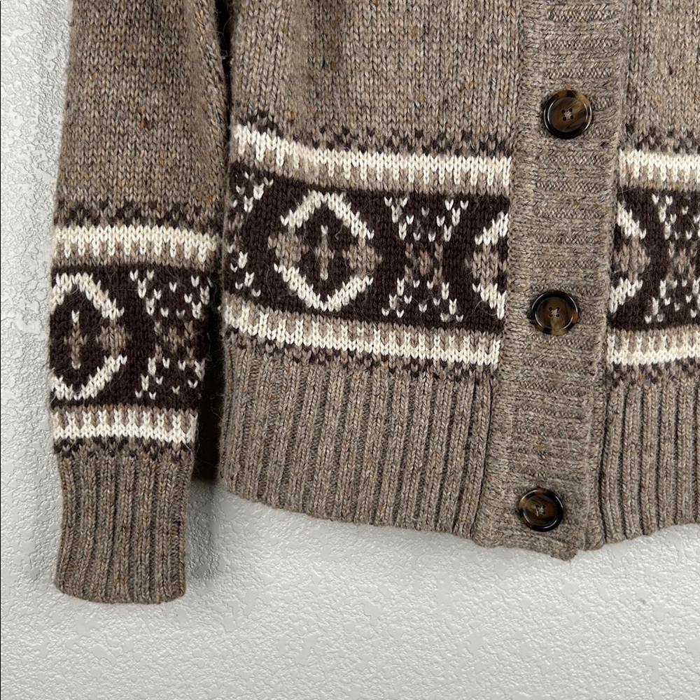 St. John's Bay Tan Knit Fair Isle Norway Style Faux Fur Hoodie Button Sweater - Picture 4 of 7